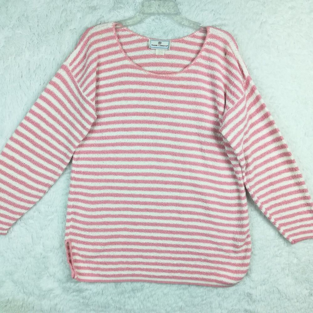 Vintage Maggie Lawrence Womens Sweater 90's Knit Stripe Pink White Pullover L